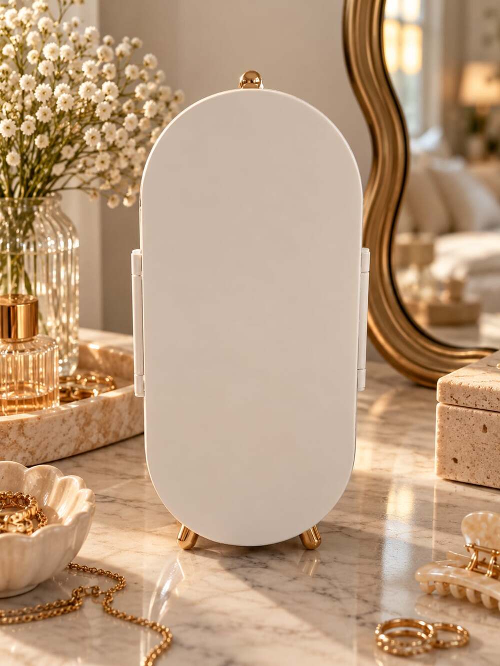 Foldable Screen Jewelry Organizer Box With Mirror White